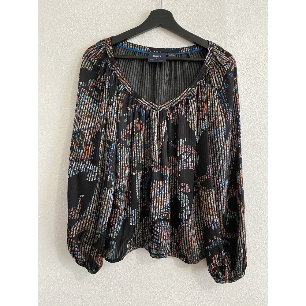 Maeve Anthropologie Black Long Sleeve V Neck Silky Blouse Size Small G19